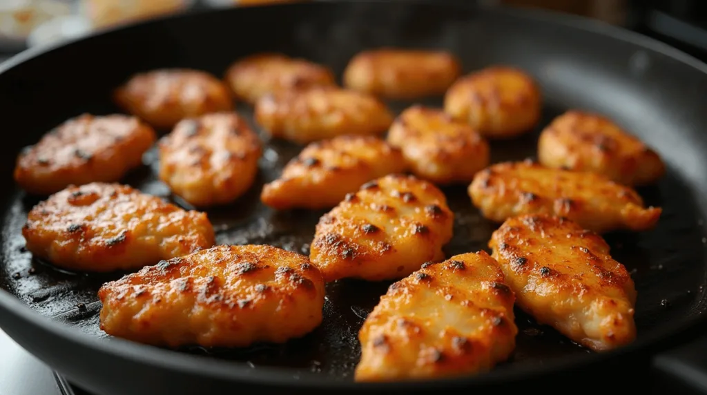 Grilling chicken nuggets on a grill pan for perfect texture