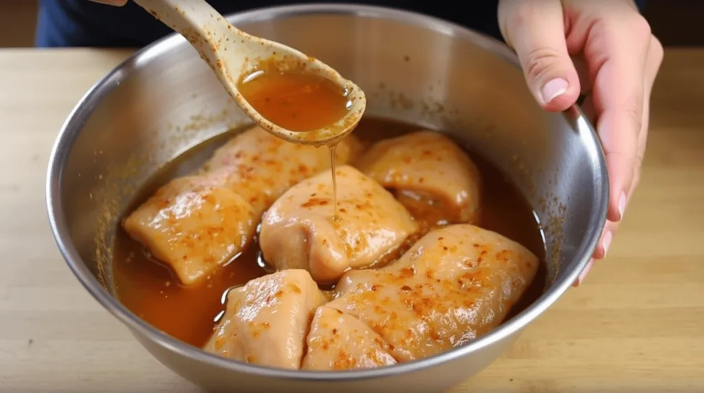 Marinating chicken for grilled nuggets with spices and olive oil