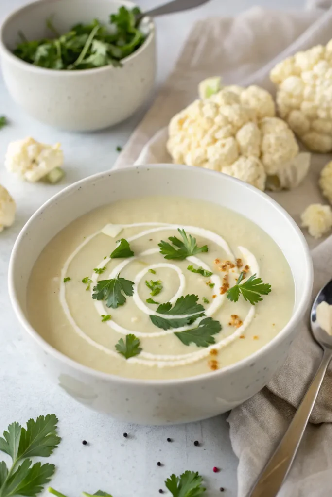 Vegan cauliflower soup with coconut milk swirl and fresh herbs, served in a minimalist bowl.