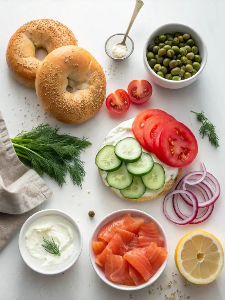 Ingredients for making a lox bagel laid out neatly on a kitchen counter.