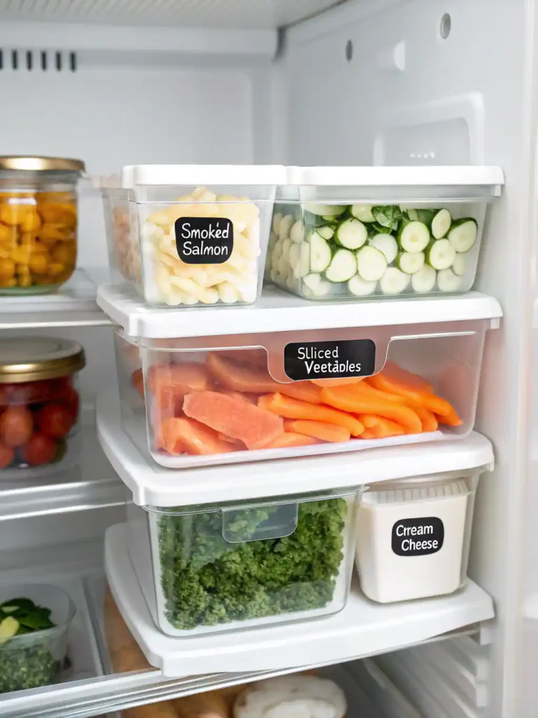Lox bagel components stored separately in labeled containers in a fridge.
