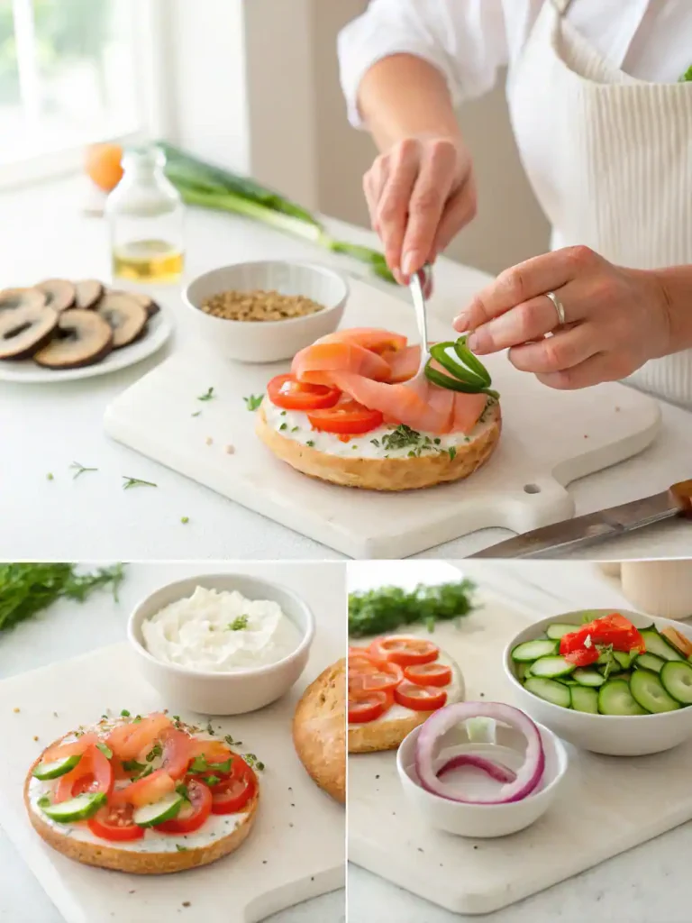 Step-by-step process of assembling a lox bagel.