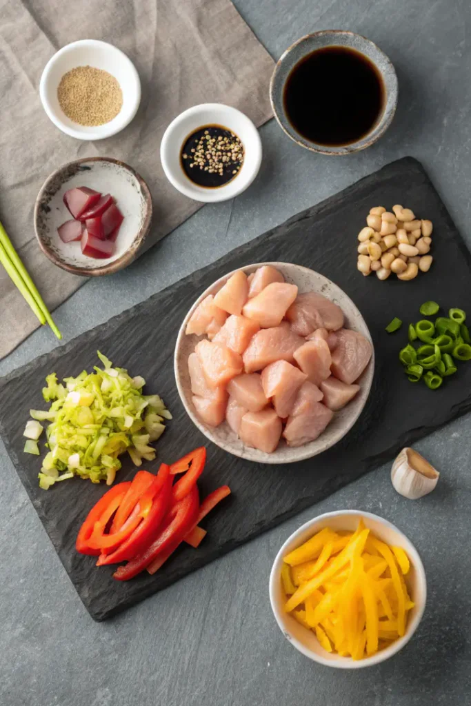 ingredients for Black Pepper Chicken arranged on a dark surface. Includes bowls of raw chicken pieces, coarse black pepper, soy sauce, oyster sauce, cornstarch, plus chopped onion, red bell pepper, garlic, ginger, and cooking oil.
