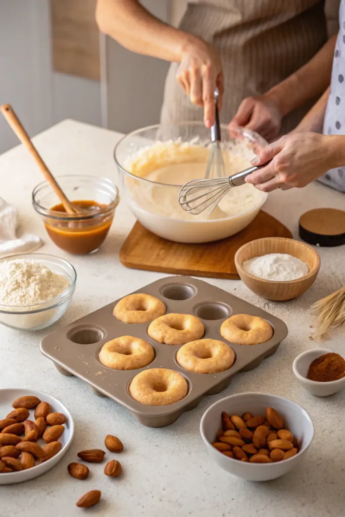 Step-by-step preparation of vegan donuts from mixing to glazing.