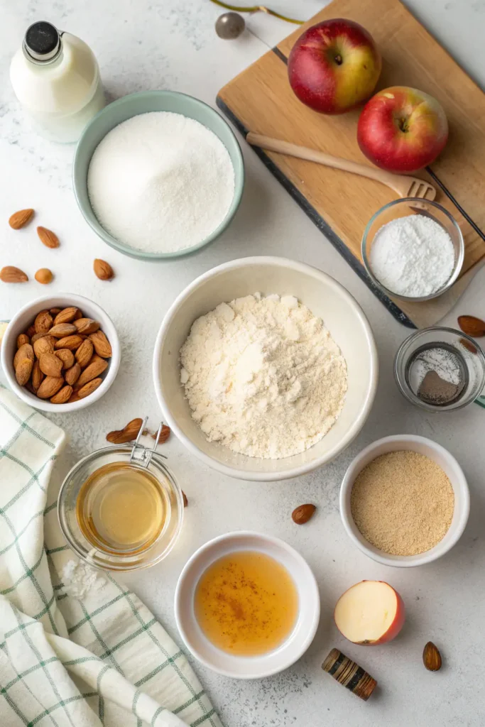 Plant-based ingredients for making vegan donuts arranged on a kitchen counter.