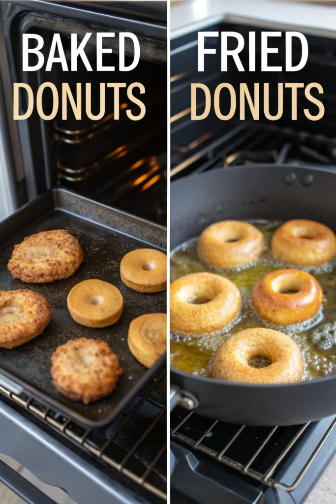 Side-by-side view of baking and frying vegan donuts.