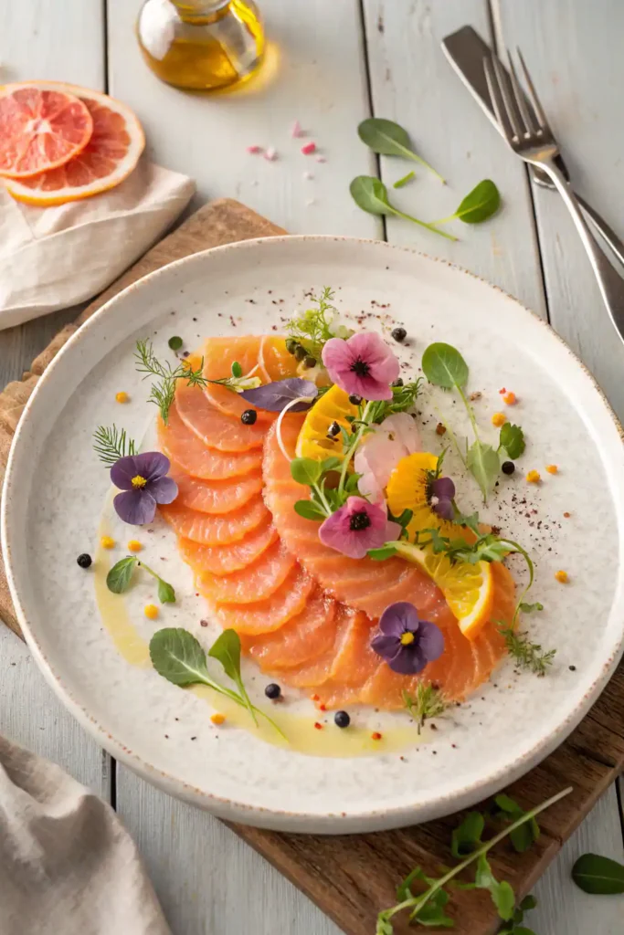 Overhead view of a salmon crudo dish arranged with citrus, microgreens, and edible flowers on a white plate over a rustic wood table.