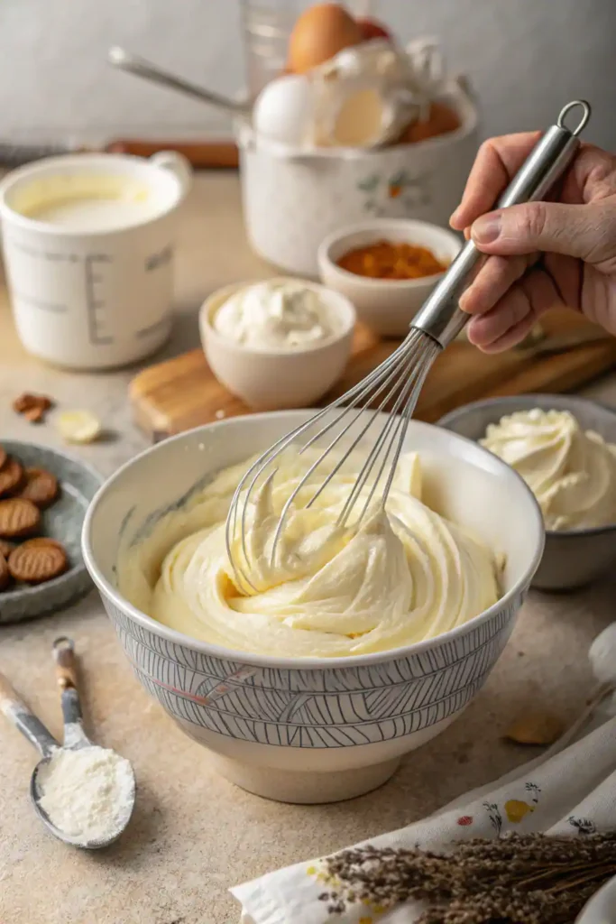 Whipped vanilla frosting being mixed in a bowl with a hand mixer