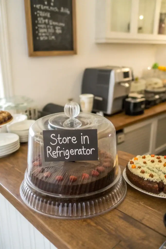 Chocolate cake stored under a clear dome on a kitchen counter.