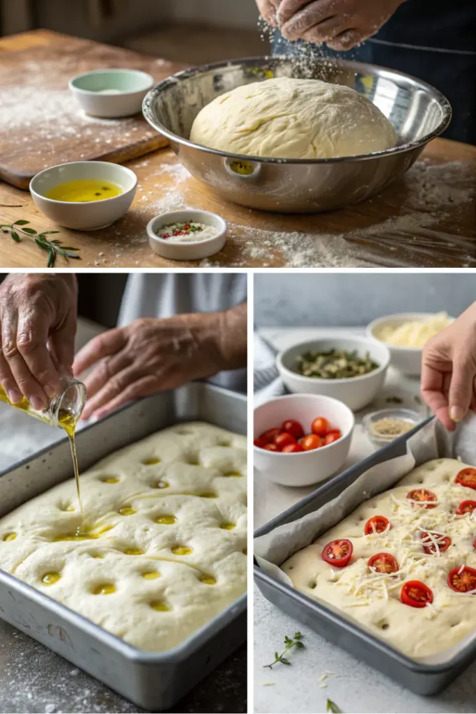 Step-by-step images of making focaccia pizza, from mixing dough to the final baked result.