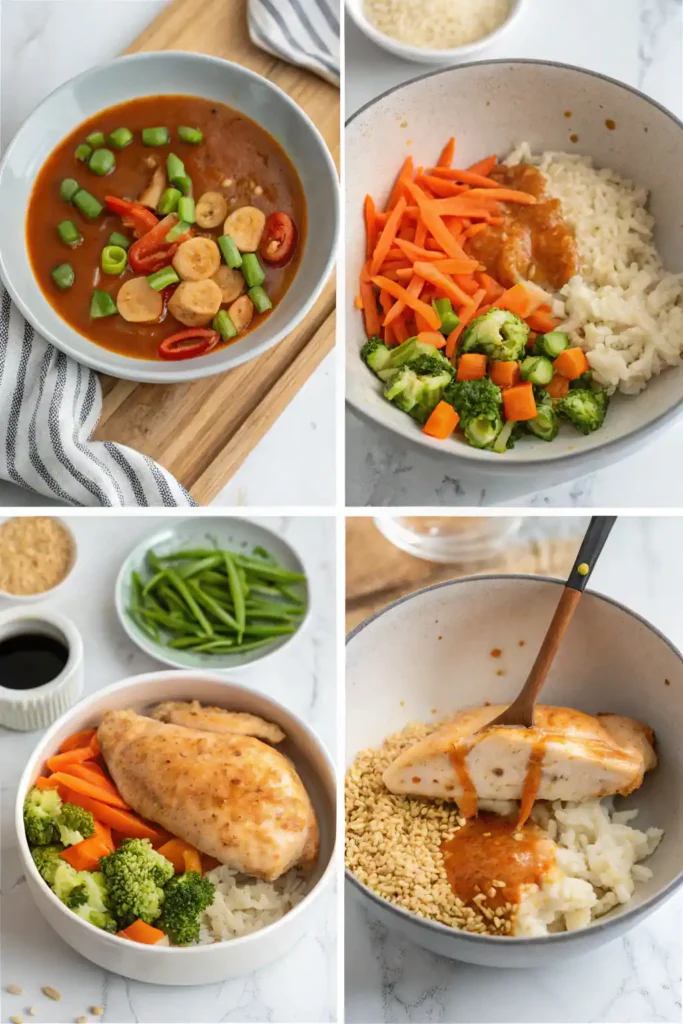 Step-by-step process of making Bang Bang Chicken Bowls