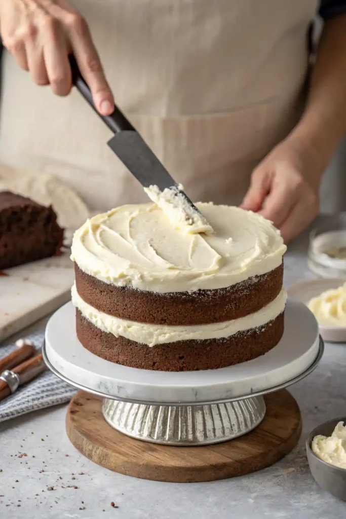Spreading vanilla frosting on a chocolate cake using an offset spatula.
