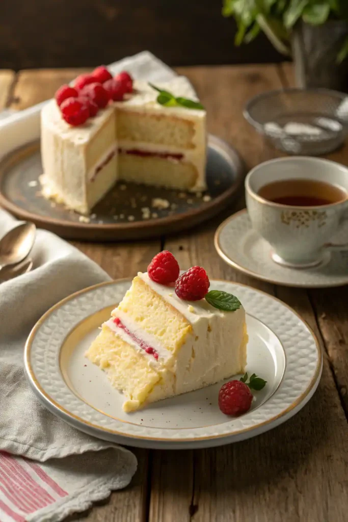 Slice of vanilla bean cake with frosting and fresh raspberries