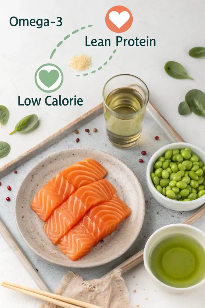 Salmon sashimi with health icons highlighting omega-3 and protein.