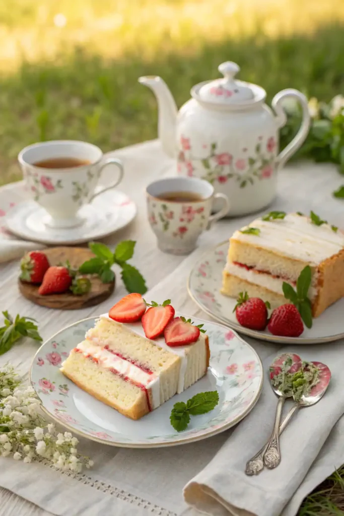 Strawberry vanilla cake served with tea on an outdoor table
