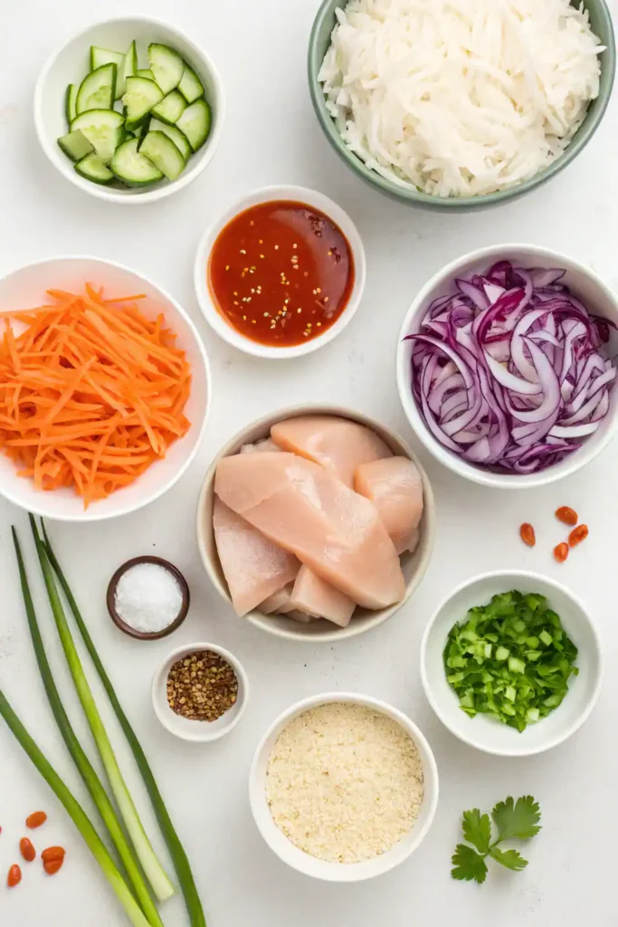 Flat lay of Bang Bang Chicken Bowl ingredients in prep bowls