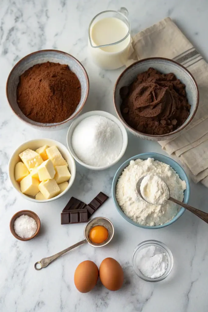 Flat lay of chocolate cake and frosting ingredients arranged neatly on a kitchen surface.