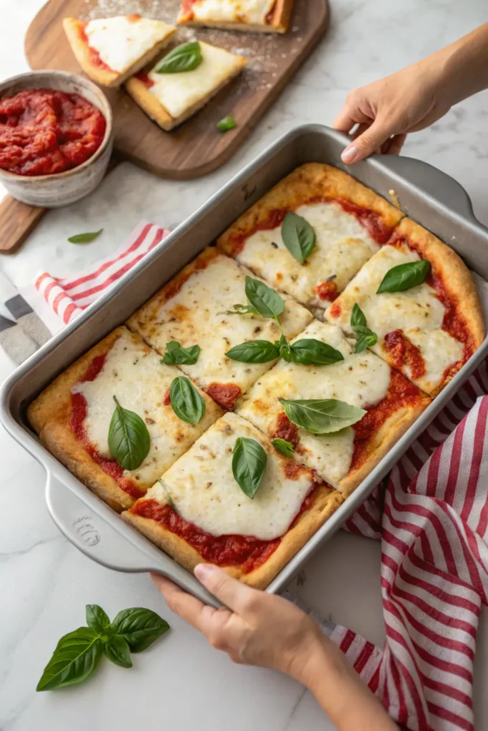 Slices of focaccia pizza served on plates with basil garnish.