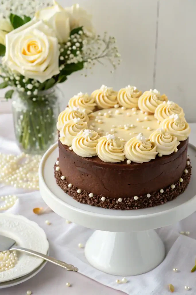 Decorated chocolate cake with rosettes of vanilla frosting and edible pearls.