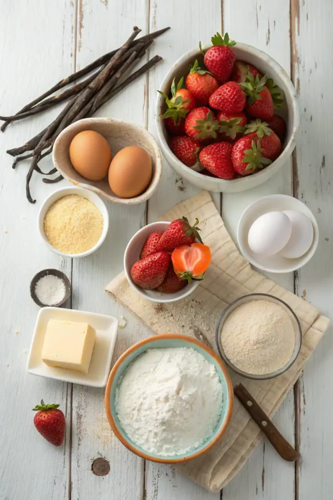 Flat lay of baking ingredients including vanilla beans, fresh strawberries, flour, eggs, sugar, butter, and baking powder arranged on a rustic wooden table.