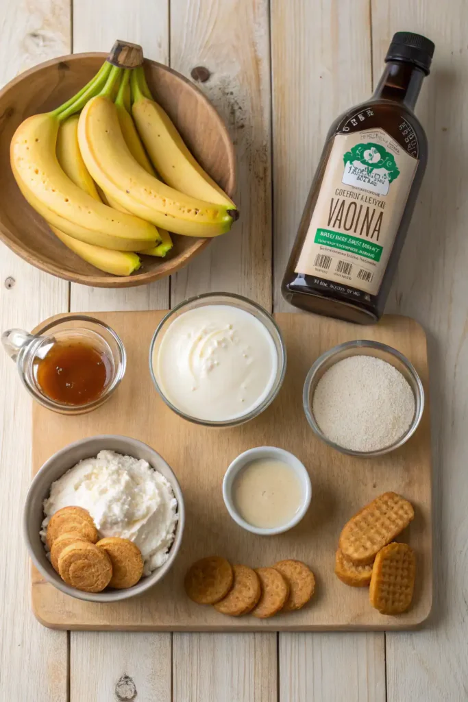 Flat lay of vegan banana pudding ingredients including bananas, coconut cream, plant milk, maple syrup, vanilla, cornstarch, and vegan wafers.