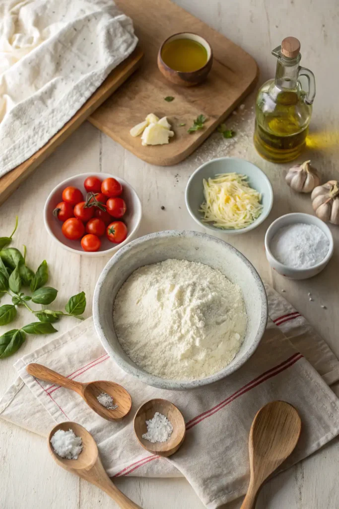 Ingredients for focaccia pizza laid out on a rustic kitchen counter.