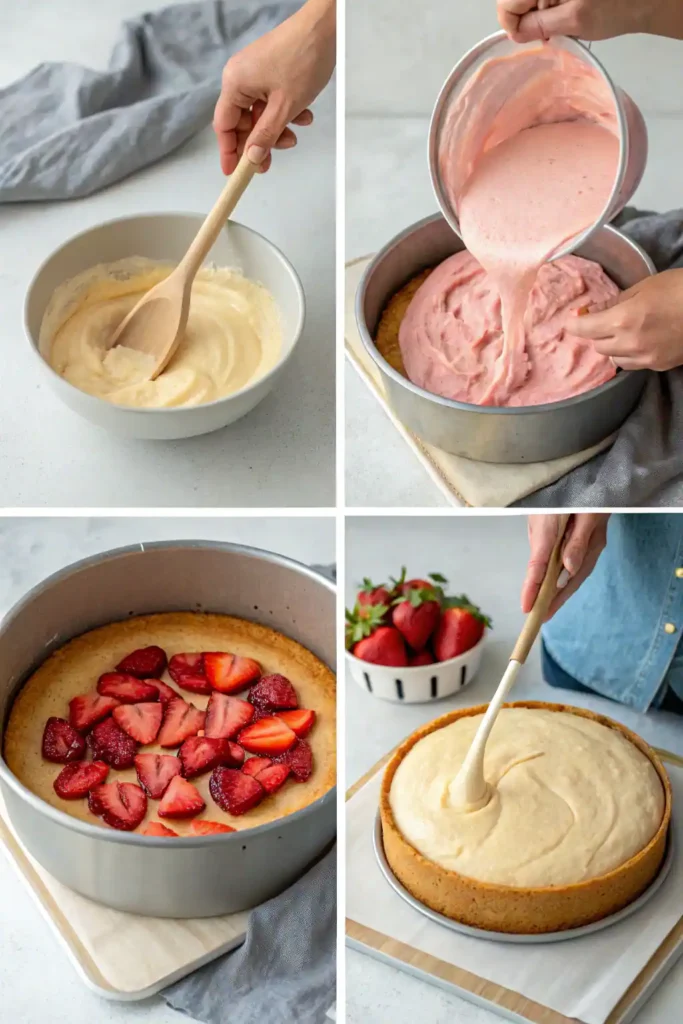 Hands mixing vanilla cake batter in a bowl, pouring batter into pans, spreading strawberry filling between cake layers, and frosting the cake.