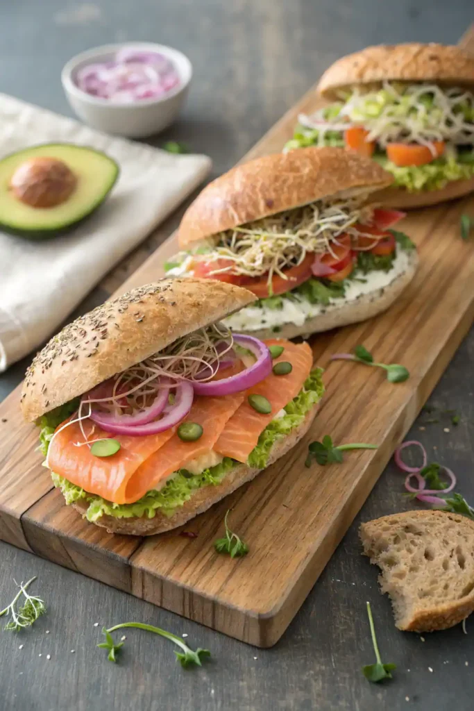 Three versions of salmon sandwiches with different toppings and breads.