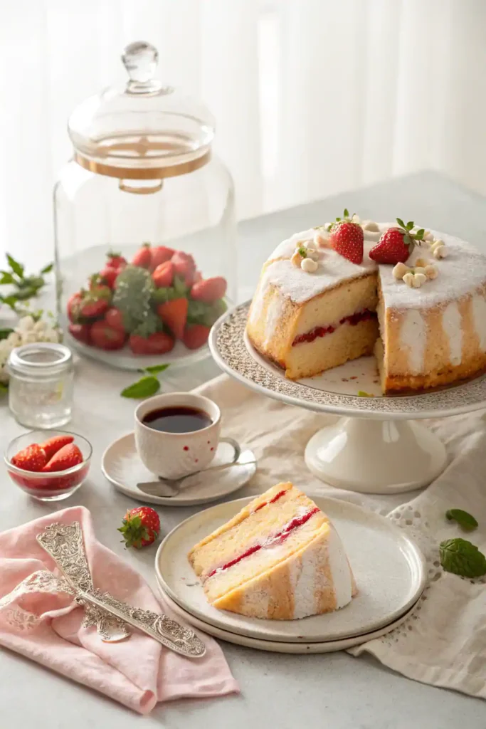 Sliced vanilla cake with strawberry filling served on elegant plates, accompanied by a glass storage jar and fresh strawberries on a linen-covered table.
