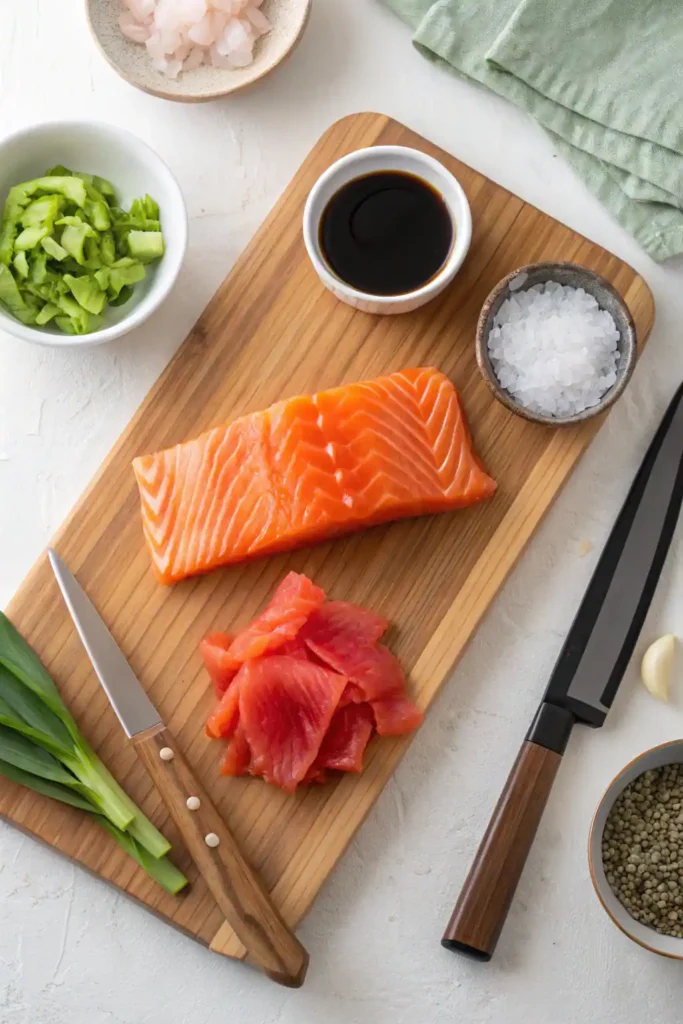 Fresh ingredients for making salmon sashimi including raw salmon and garnishes.