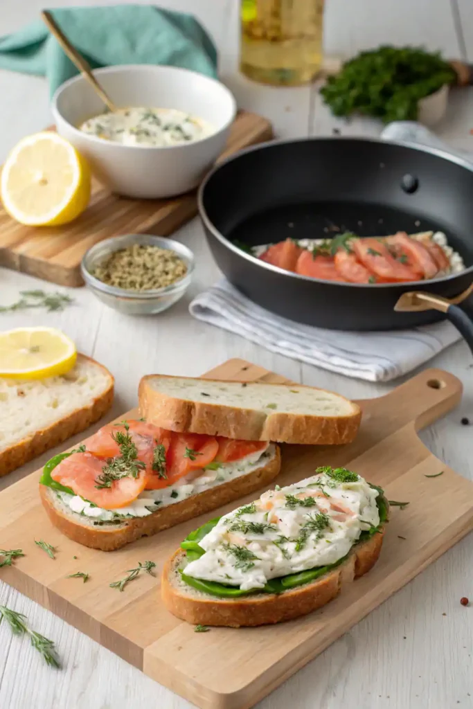 Steps showing toasted bread, cream cheese prep, and sandwich assembly.