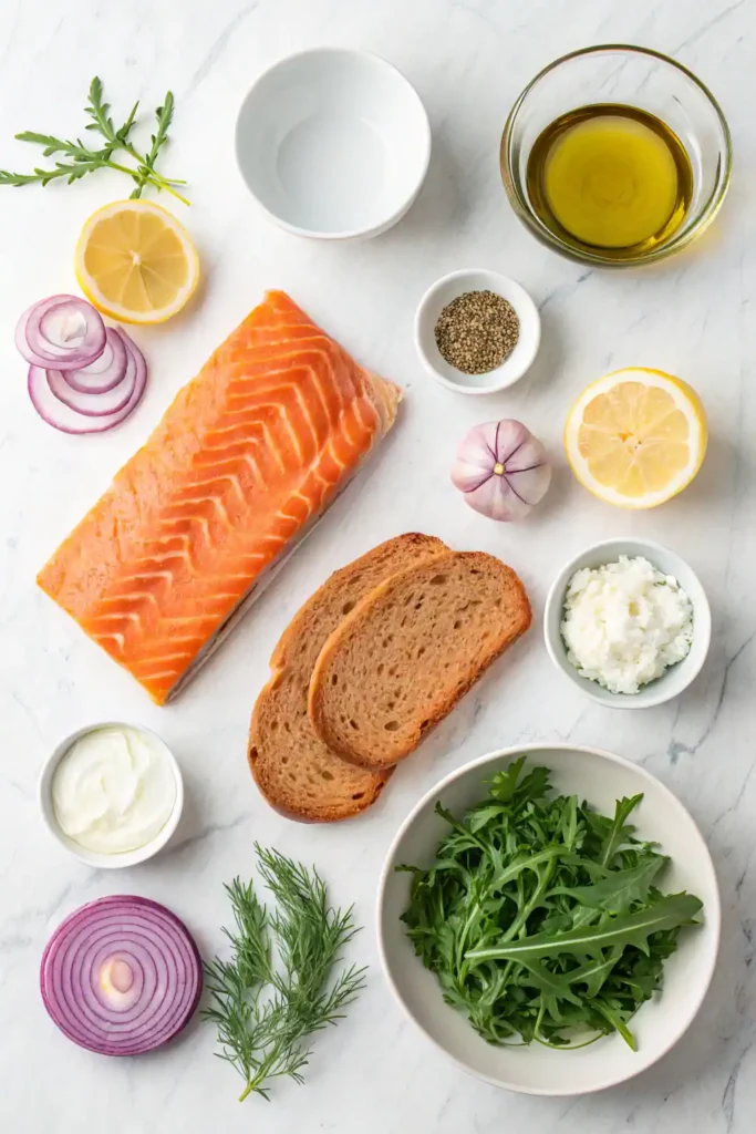Flat lay of fresh salmon sandwich ingredients on marble background.