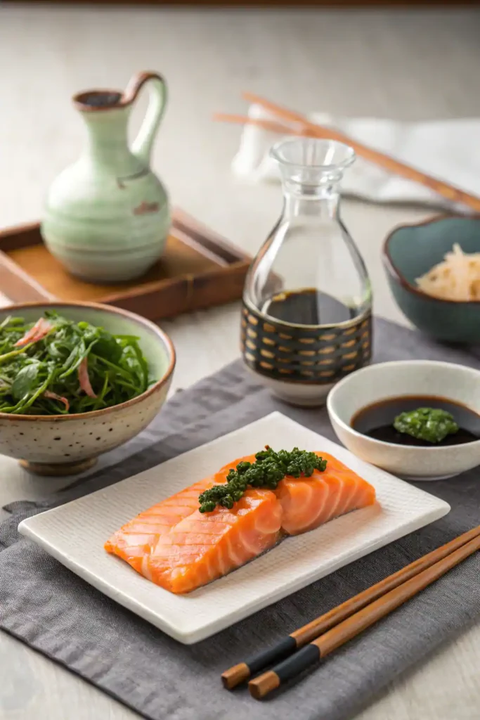 Salmon sashimi served with miso soup, salad, and sake on a Japanese table.