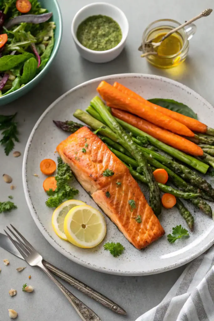 Air fryer salmon with roasted vegetables and fresh salad on a dinner plate.