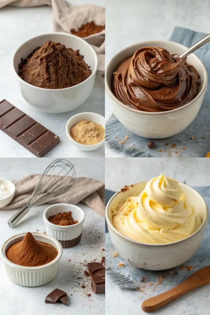 Step-by-step process of making smooth and creamy chocolate buttercream frosting, showing mixing softened butter, adding cocoa powder and powdered sugar, whipping with cream and vanilla until fluffy.