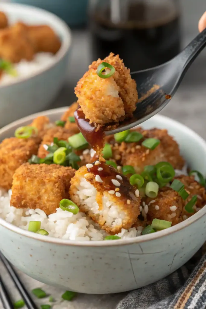 Bang Bang Chicken Bowl showcasing chicken, rice, vegetables, and creamy sauce