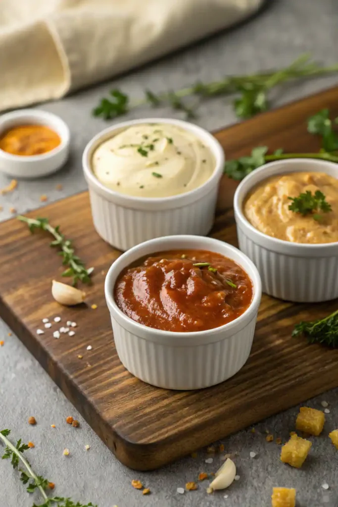 Three dipping bowls of burger sauces with ingredients