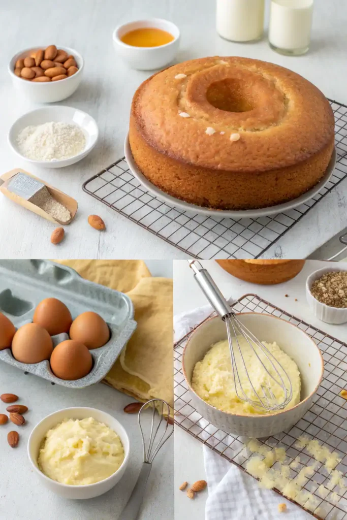 Step-by-step process of making a homemade vanilla cake from scratch, showing ingredients, mixing, baking, cooling, and frosting stages.