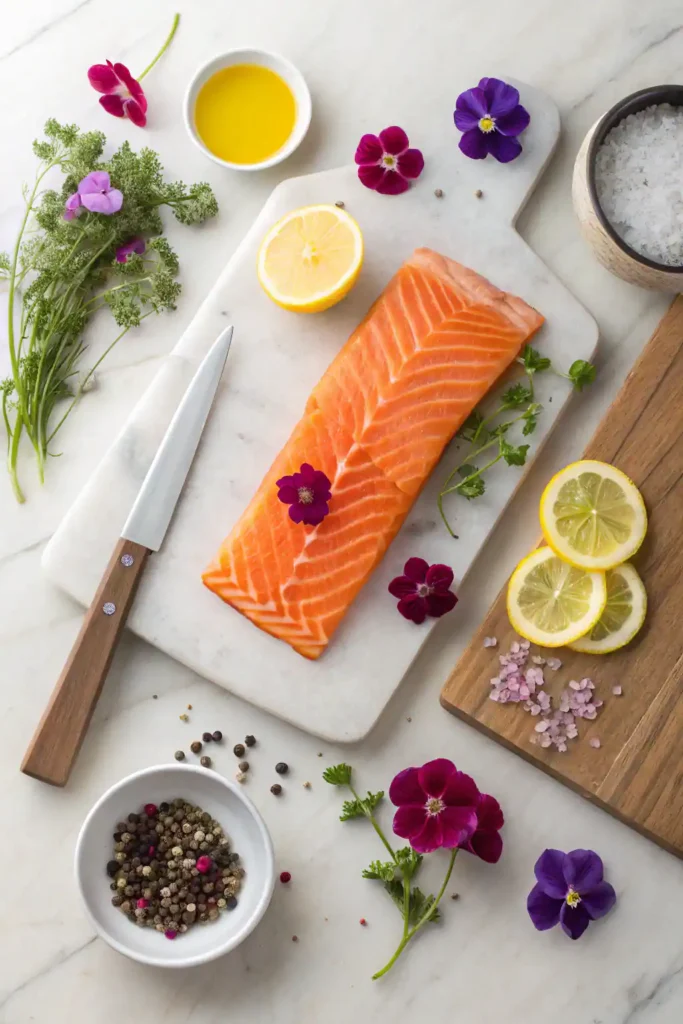 Flat-lay of fresh salmon crudo ingredients including sashimi-grade salmon, citrus slices, microgreens, olive oil, and herbs on a prep surface.