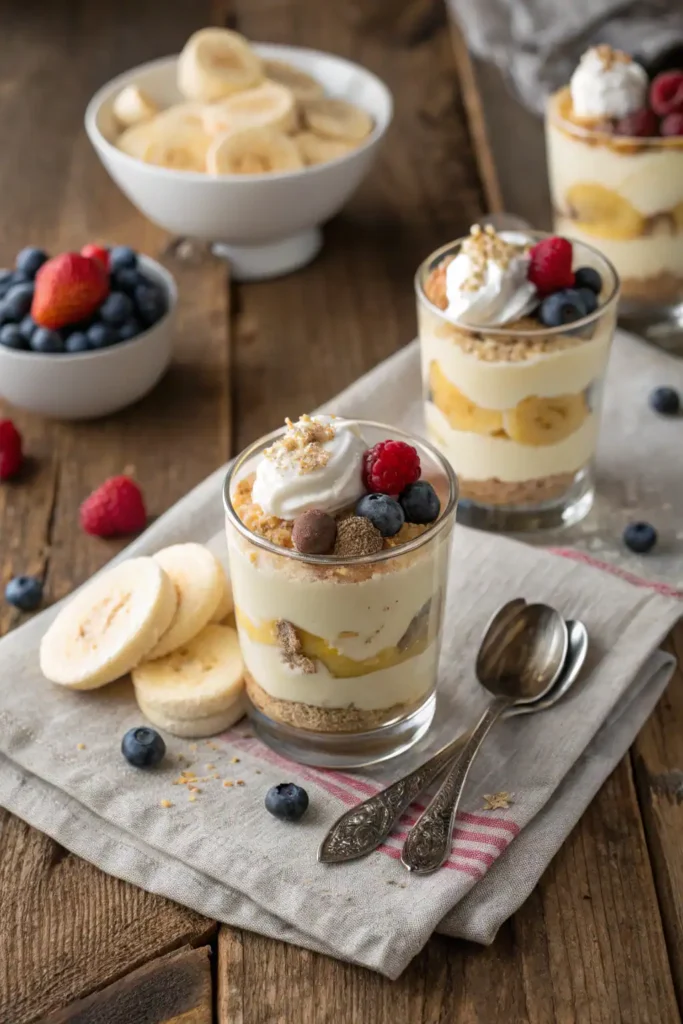 Layered vegan banana pudding served in glasses with banana slices, wafers, whipped coconut cream, and berries.