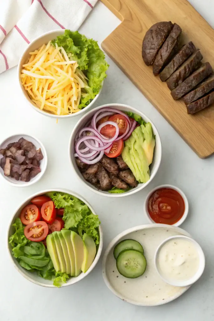 Burger bowl ingredients laid out in prep bowls