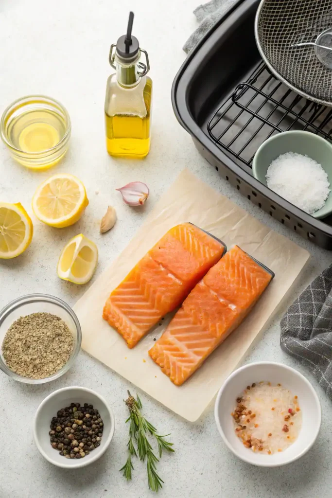 Ingredients and tools laid out for Air Fryer Frozen Salmon including salmon fillets, oil, seasonings, and air fryer basket.