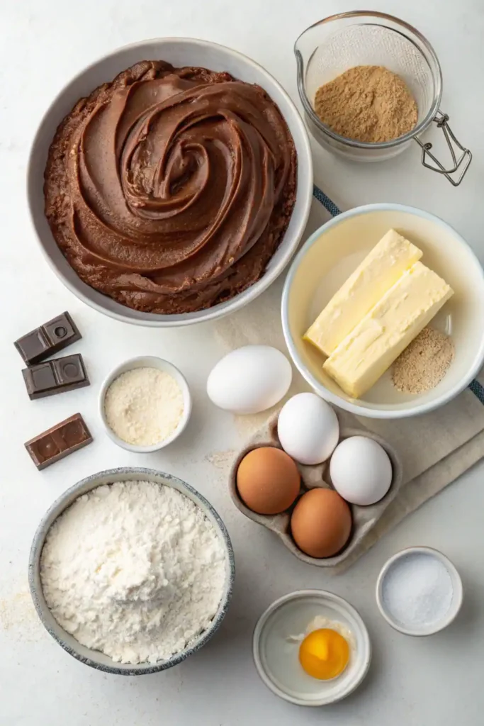 Ingredients for vanilla cake with chocolate frosting including flour, eggs, sugar, butter, vanilla extract, cocoa powder, and milk arranged on a wooden surface.
