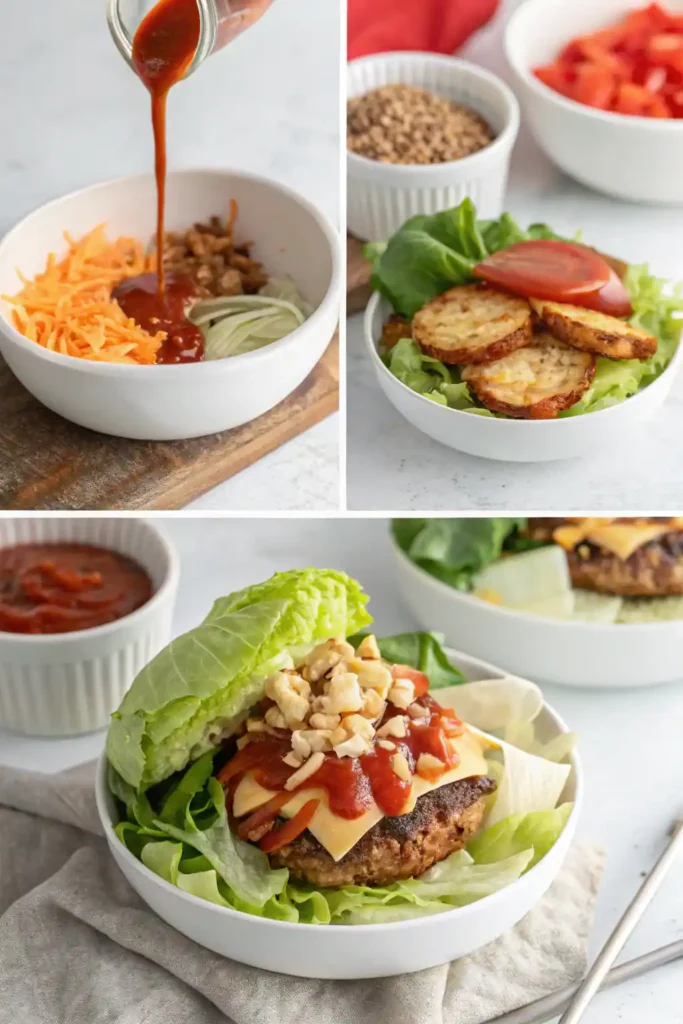 Step-by-step burger bowl assembly process
