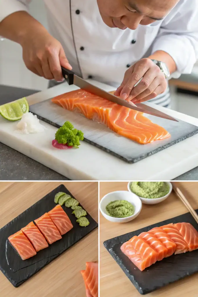 Step-by-step visuals of slicing and plating salmon sashimi.