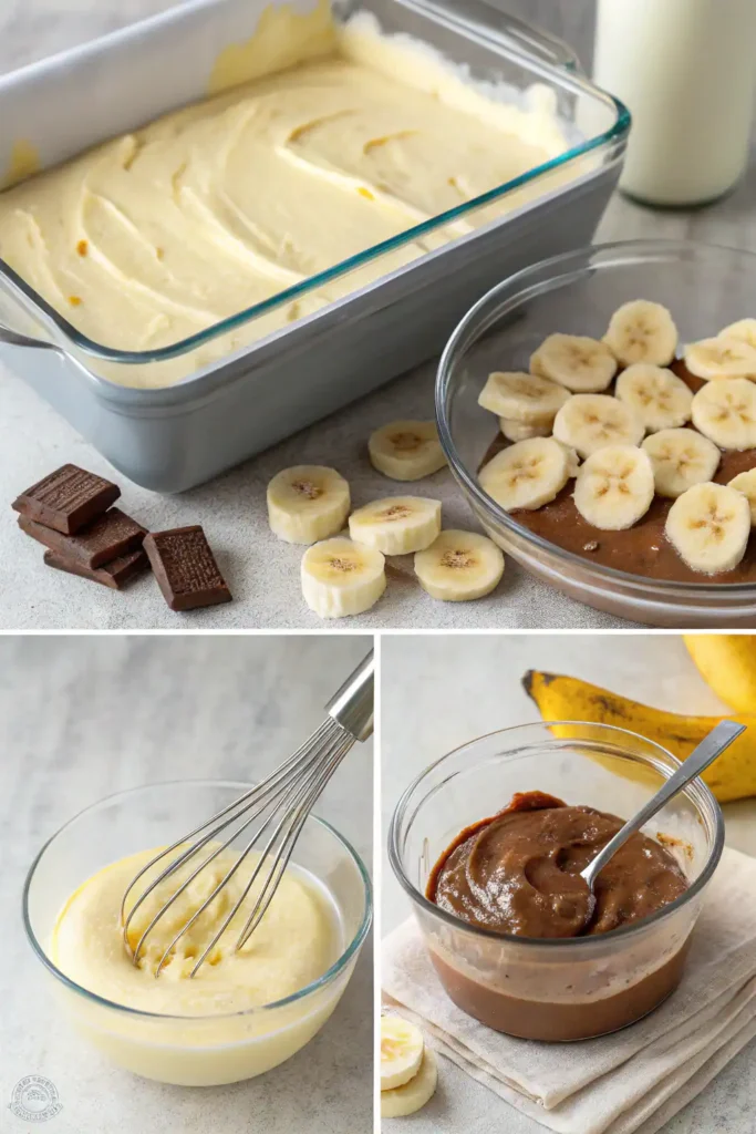 Collage showing steps to make vegan banana pudding: cooking pudding, adding bananas, layering with wafers, and finished dessert.