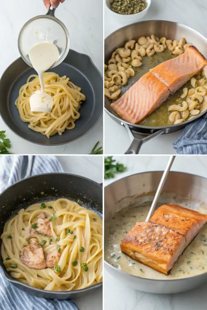 Step-by-step cooking process of creamy salmon pasta