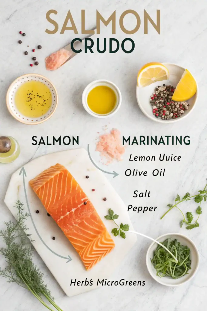 Step-by-step preparation of salmon crudo, from slicing fresh salmon to garnishing with herbs, citrus, and olive oil.