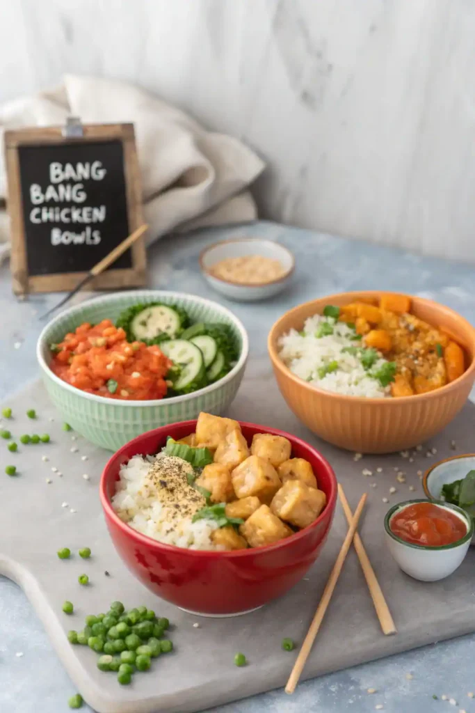 Three variations of Bang Bang Chicken Bowls including vegan and low-carb