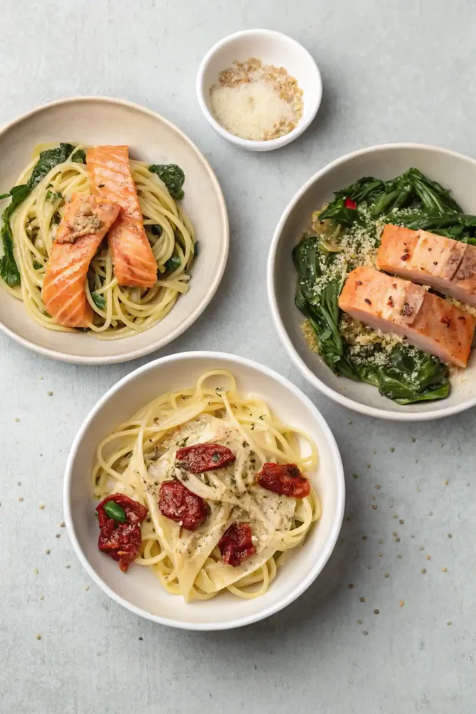 Three plated variations of creamy salmon pasta